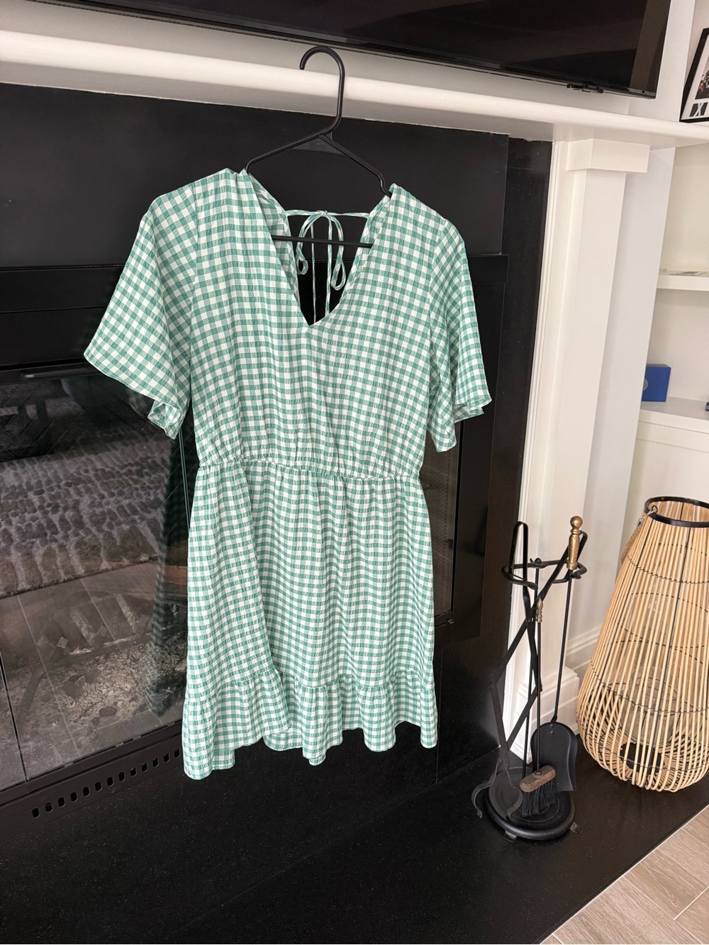LOFT Green and White Gingham Tie-Back Short Sleeve Dress